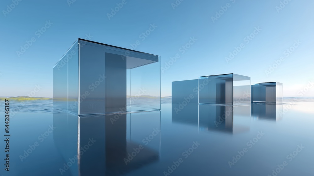 Poster abstract 3d rendered minimalist background with clear blue sky, empty concrete floor, and three whit