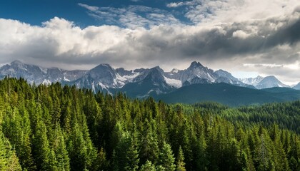 Fototapeta premium majestic mountain range looms over lush evergreen forest under cloudy sky