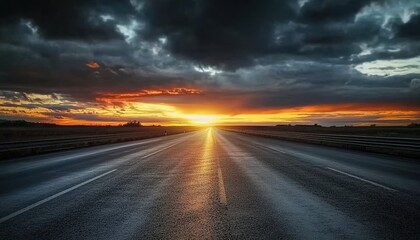 Naklejka premium Empty asphalt road under dramatic sunrise/sunset sky with white markings.
