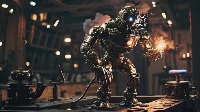 Steampunk robot activates mysterious machine inside dimly lit workshop. Steam rises as gears rotate around powerful steampunk device. Glowing eyes of steampunk automaton reflect firelight.