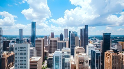 Fototapeta premium A modern city skyline with towering skyscrapers under a bright, cloudy sky. long_title:An aerial panoramic view of a bustling metropolitan city