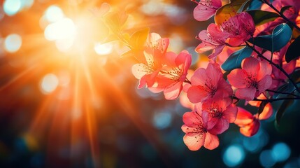 Pink blossoms sunset garden spring bokeh background