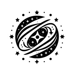Cosmic Star and Orbit Emblem - Abstract Black and White Graphic Illustration © MatandSterre