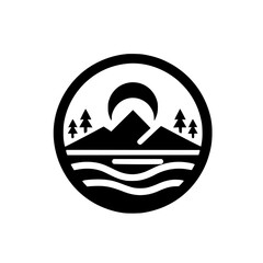 Obraz premium Black & White Minimalist Outdoor Emblem Icon: Mountains, Trees, Water, Moon Silhouette