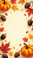 Fototapeta premium Seamless design with acorns, leaves, pumpkins in fall hues, texture, seasonal, colorful