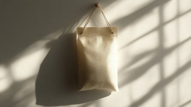 Tea bag on a simple white background, string hanging naturally, clean and modern design 