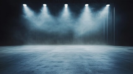 Empty stage with smoke illuminated by spotlights and dark curtains.