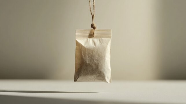 Tea bag on a simple white background, string hanging naturally, clean and modern design 