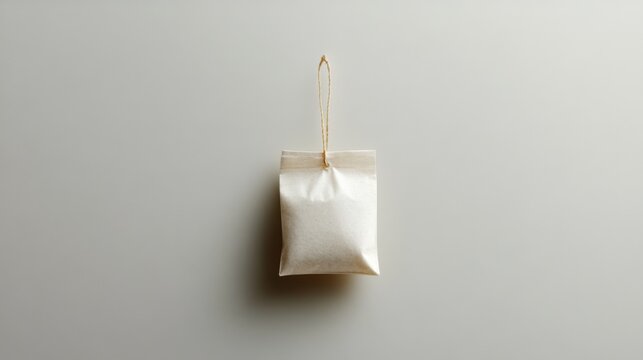 Tea bag on a simple white background, string hanging naturally, clean and modern design