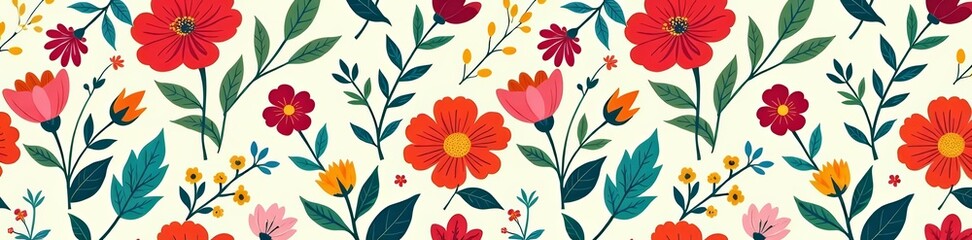 Seamless floral pattern with colorful flowers, branches, and leafs, pattern, flowers, leafs