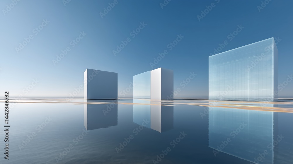 Aufkleber abstract 3d rendered minimalist background with clear blue sky, empty concrete floor, and three whit