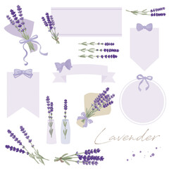 ラベンダーとリボンフレームの手描き水彩画イラストセット
