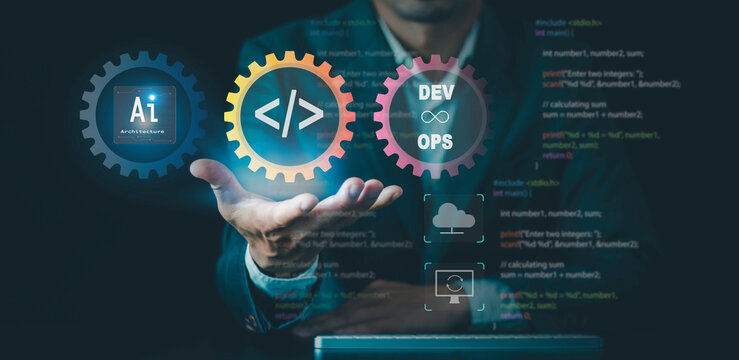 Ai architecture concept. Businessmen use agentic AI assistants, Artificial Intelligence, Development tools, Operations programming technology, DevOps software development, code management, testing