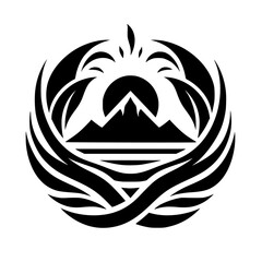 Bold Black and White Emblem: Abstract Mountain, Sun, Water Graphic with Stylized Organic Forms for Nature and Travel Concepts