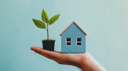A miniature home growing from a hand, symbolizing sustainable living.