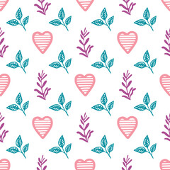 Seamless pattern with vector leaves and heart. Floral illustration. Can be used for making wallpaper, fabrics and other types of products