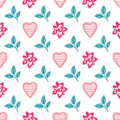 Seamless pattern with vector leaves and heart. Floral illustration. Can be used for making wallpaper, fabrics and other types of products