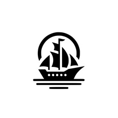 Minimalist Black Sailing Ship Icon in Circle - Nautical Travel Maritime Logo Element