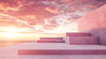 Pink concrete steps leading to a sunset sky.
