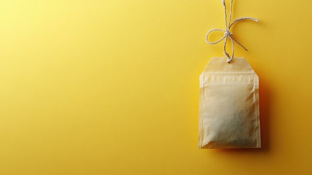 Tea bag in the center of a soft yellow background, hanging with string and tag visible