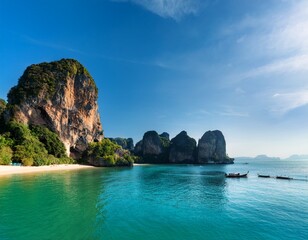 Naklejka premium stunning cliffs embrace the turquoise waters of railay beach in krabi thailand sunlight dances on the surface inviting adventurers to explore this tropical paradise during a perfect day