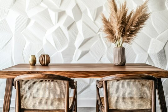 Modern dining area with a wooden table and chairs, neutral wall decor, and a vase of pampas grass