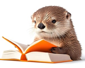 An adorable otter pup sits attentively, paws resting on an open orange book, against a white background