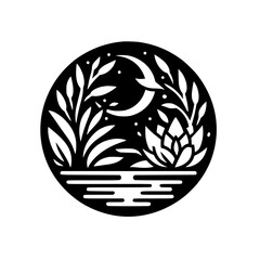 Minimalist Black and White Emblem of Night Nature Scene with Moon, Lotus, Plants, and Water. Serene Circular Graphic Design.