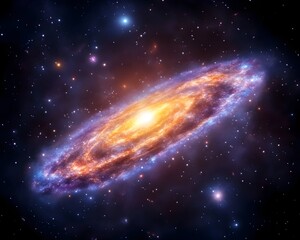 Fototapeta premium A vibrant, elliptical galaxy with a bright, central core, surrounded by swirling arms of orange and blue nebulae against a backdrop of stars