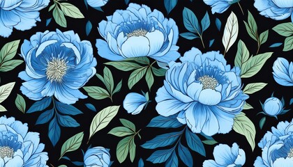 blue flowers peonies and leaves on black background floral summer seamless pattern