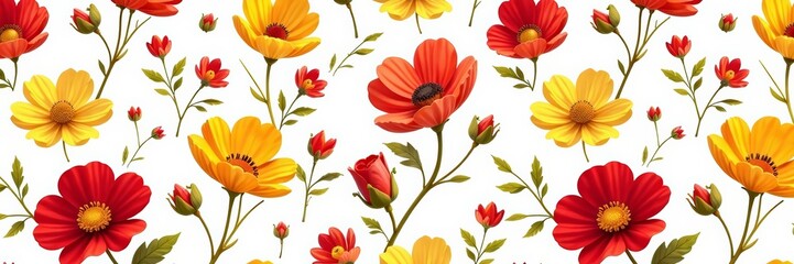 Fototapeta premium Seamless red and yellow floral pattern with blooming flowers on a white background, pattern, flowers, floral