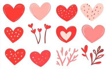 Collection of hand-drawn heart shapes in various shades of red and pink, complemented by floral design elements