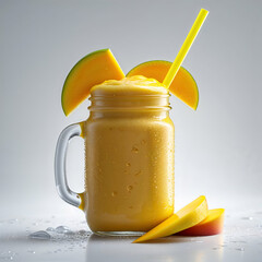 Fresh mango smoothie in mason jar with mango slices and straw