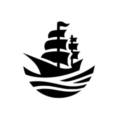 Minimalist Black Sailing Ship Icon Logo on White - Classic Maritime Voyage Symbol