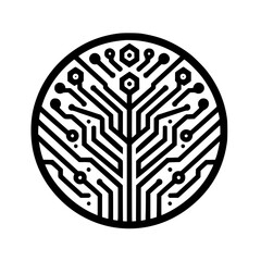 Minimalist Black & White Tech Tree Circuit Icon in Circle