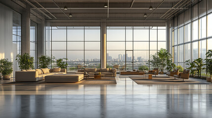 spacious minimalist commercial space with large windows, filled with natural light and greenery