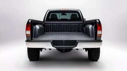 Black pickup truck with open tailgate.