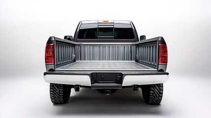 Black pickup truck with open tailgate.