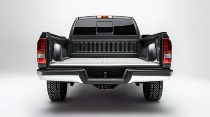 Black pickup truck with open tailgate.