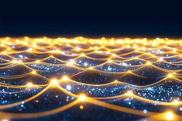 Glowing network, undulating surface of light and dark blue, gold nodes