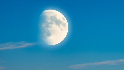 A dreamy banner with a vivid blue sky, featuring a glowing full moon with soft halo and light clouds on the left. The right side is empty for text, creating a serene and elegant composition.

