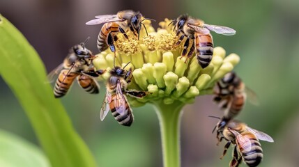 Obraz premium Bees Pollinating Flower in Lush Green Garden Environment