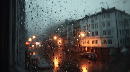 Raindrop on a window blending rain, mood, and urban atmosphere concept. A rainy evening view from a window, with city lights reflecting.