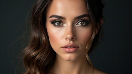 Naklejka premium Classic Smokey makeup on woman face, beautiful big eyes. Fashion Perfect makeup, expressive eyes on girl face, smooth black eyebrows, licked brunette hair. Portrait of a woman on a.