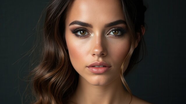 Classic Smokey makeup on woman face, beautiful big eyes. Fashion Perfect makeup, expressive eyes on girl face, smooth black eyebrows, licked brunette hair. Portrait of a woman on a.