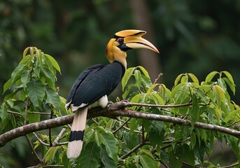 Obraz premium A magnificent great hornbill, with its prominent yellow casque and beak, perches on a branch surrounded by lush green leaves in its natural habitat, likely in Indonesia
