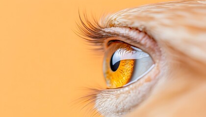 Close-up of a bird's amber eye, showcasing intricate details of iris, pupil, and long lashes against a muted orange background