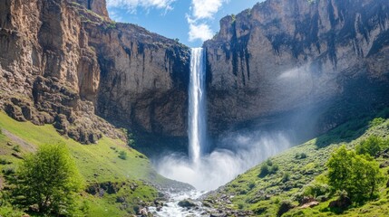 Majestic Waterfall Cascading Through Rocky Cliffs and Green Landscape