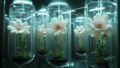 Flowers preserved in glass cylinders science research illustration