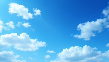 Fototapeta premium Azure Serenity: Witness a canvas of endless blue, dotted with fluffy, cloud formations. A tranquil spectacle perfect for evoking calm.